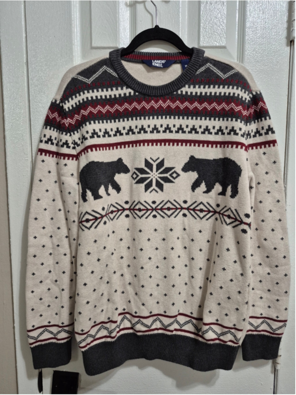 Men's Lands' End Bear Fair Isle Crewneck Sweater Beige Grey Size M